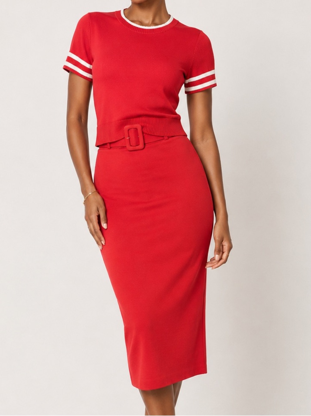 Coral Short-Sleeve Knit midi skirt and top with Belt